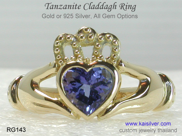 claddagh ring with gemstone tanzanite