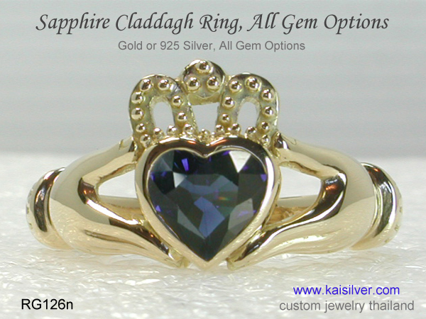blue sapphire ring heart claddagh 