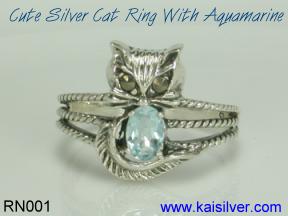 sterling silver aquamarine ring, cat ring with aquamarine